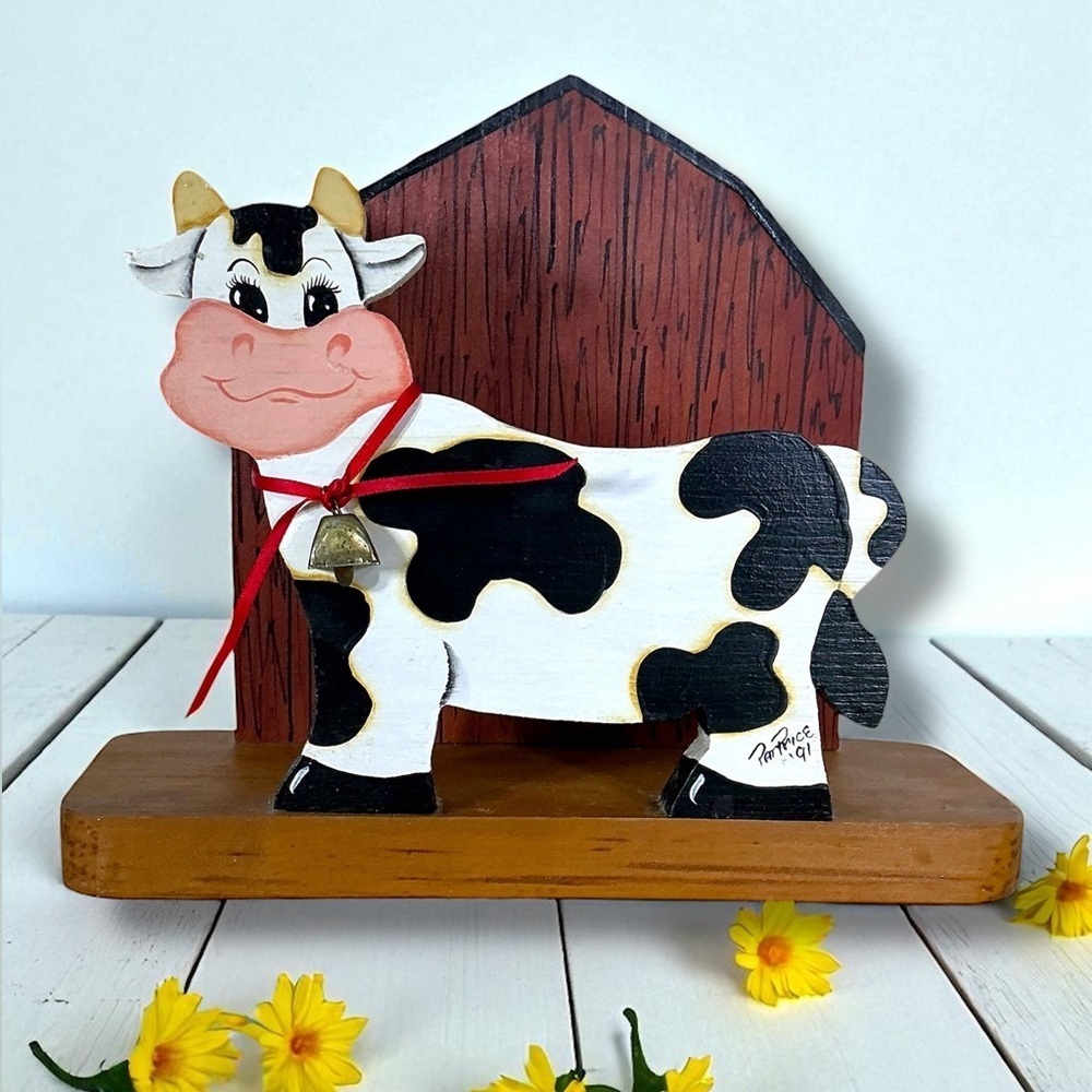 Vintage Napkin Holder Cow Farmhouse Theme Hand Crafted Hand Painted Wood Brown